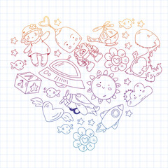 Kindergarten, toys vector pattern. Little children creativity and imagination. Online education, educational games.