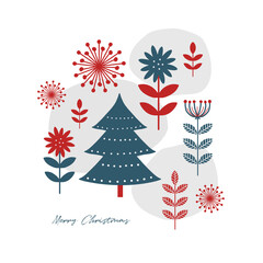Naklejka na ściany i meble Merry Christmas. Scandinavian Style Christmas Vector Card. Dark Blue and Red Christmas Tree, Flowers and Twigs Isolated on a White Background. Rustic Style Winter Holidays Decoration.