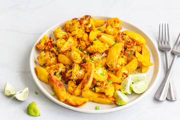 Indian Style Roasted Aloo Gobi, Potatoes and Cauliflower, Vegan Food