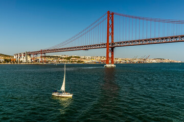 Greeting river traffic on a cruise up the Tagus river in Lisbon, Portugal