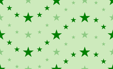 Seamless pattern of large and small green star symbols. The elements are arranged in a wavy. Vector illustration on light green background