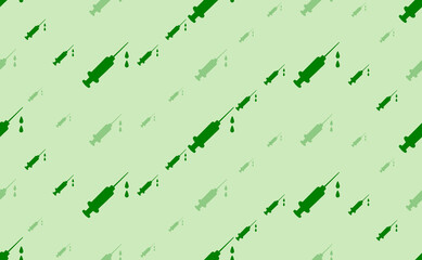 Seamless pattern of large and small green syringe symbols. The elements are arranged in a wavy. Vector illustration on light green background