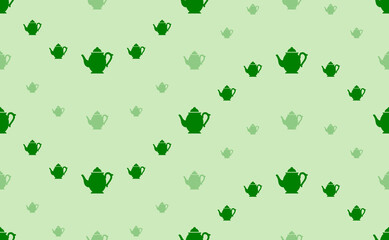 Seamless pattern of large and small green teapots. The elements are arranged in a wavy. Vector illustration on light green background