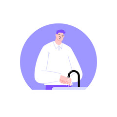 A man stands by the sink and washes his hands. Flat illustration of a character to the waist