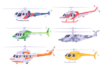 Set of helicopters. Civil and military, rescue and police helicopters. Vector flight transportation