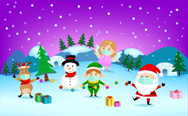 Merry Christmas and Happy new year with socail distancing. Happy Christmas companions with Santa Claus and Elf and Riandeer and snowman of vector.