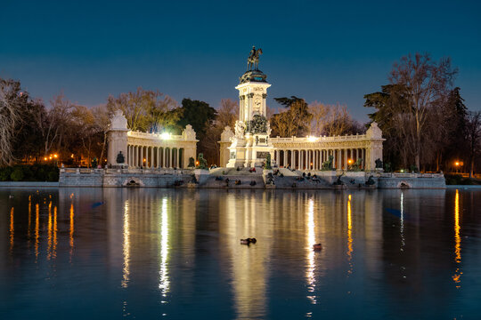 Night cityscape with lights at Retiro, Madrid, Spain
