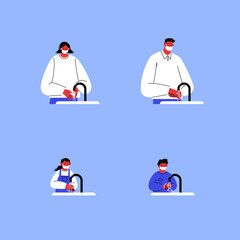 Man woman girl and boy wearing face masks standing by the sink washing hands. Set of flat illustrations of characters to the waist