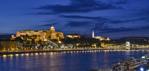 Night view of the Royal Palace and Danube river in Budapest. Buda Castle.