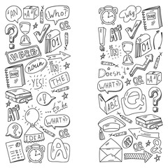 Doodle vector pattern. Illustration of learning English language. E-learning, online education in internet.