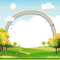 Spring landscape with rainbow,blue sky and clouds with raining,green fields with copy space,fresh and peaceful rural nature in spring or summertime with grass land.Cartoon vector illustration for kids