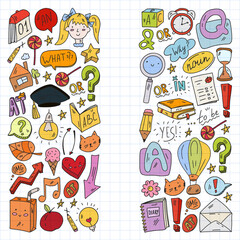 Back to school. Vector illustration with icons about education. English learning. Online internet courses.