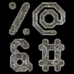 Mechanical alphabet made from rivet metal with gears on black background. Set of symbols percent, at, ampersand and hash. 3D