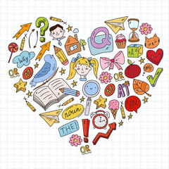 Back to school. Vector illustration with icons about education. English learning. Online internet courses.