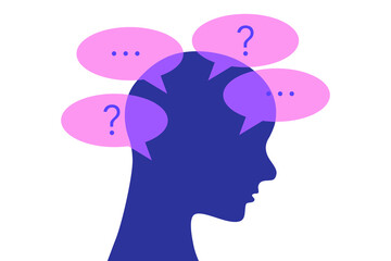 A person feeling anxious.  A head full with questions and wories. Human head outline illustration. © Dumitru