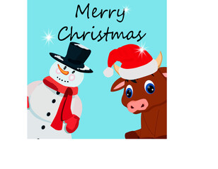 greeting card with a bull and a snowman on a blue background with the inscription happy Christmas, vector drawing