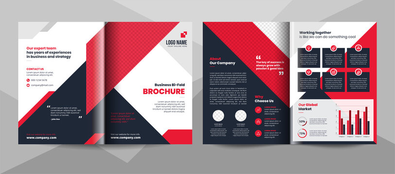 Red And Black Business Bifold Brochure Template. Corporate Business Flyer Template.