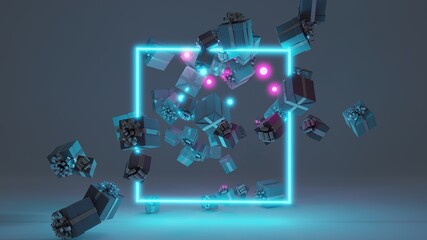 falling bunch of gifts, gift boxes and neon glowing balls floating in the air. Neon glowing blue frame in the center of the frame © everigenia