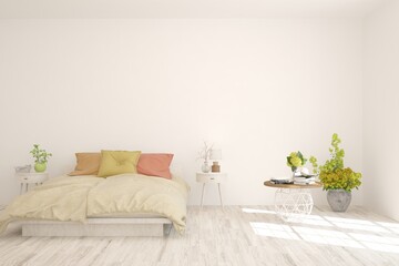 White bedroom interior. Scandinavian design. 3D illustration