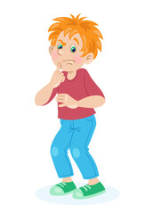 Children's emotions. Funny boy stands in confusion. In cartoon style. Isolated on white background. Vector flat illustration.