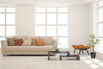 White living room with sofa. Scandinavian interior design. 3D illustration