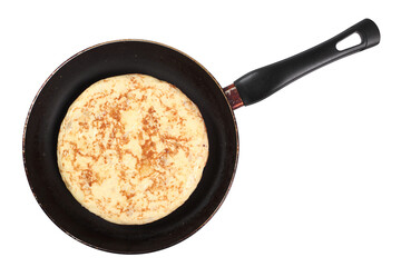 Spanish omelette in frying pan. Isolated with clipping path. Directly Above.