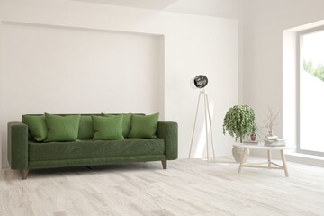 White living room with sofa. Scandinavian interior design. 3D illustration