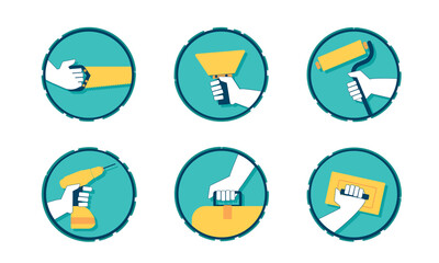 A set of modern construction, repair and finishing tools in the hands of a master Builder. Vector icons of a Builder, specialist, handyman, or home craftsman. Isolated on a white background.