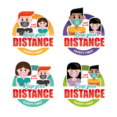 KEEP YOUR DISTANCE Buttons - SET of 4 Icons -  - Coronavirus / Covid 19 - VECTOR - JPEG - PNG - NO BACKGROUND	