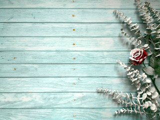 Flocked eucalyptus branches and red rose on blue wooden surface shot from above. Top view, flat lay, copy space. Christmas and New year composition. Winter background with space for text. © Diana