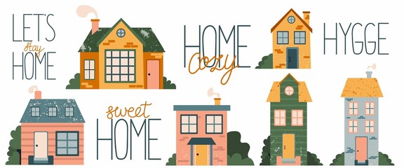 Cartoon Cottage and lettering set. Hand drawn home facade with texture frond view and phrase, cute bright townhouse and family house in countryside collection, real estate flat vector illustration