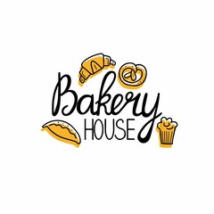 Bakery house. Bread homemade emblem. Hand drawn doodle label for bakery food packaging, local product simple stamp, lettering with line maffin and pie, pastry logo vector isolated colored sticker