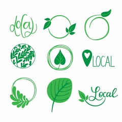 Local eco labels. Oganic green circle frames with leaves and branches, bio products stamps, ecology friendly emblem set support local badge promotion decoration element hand drawn illustration