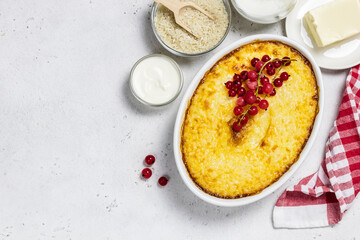 Casserole in a baking dish. Space for text, top view.