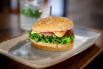 Delicious hamburger on a plate