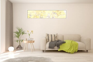 White living room with sofa. Scandinavian interior design. 3D illustration