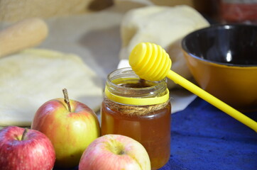 Various ingredients for winter seasonal baking and other recipes, honey, apples, herbs and spices on a dark blue background. Top view.