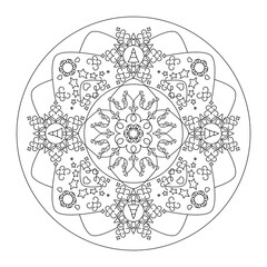 Christmas mandala. Coloring page. Pretty Christmas tree, star and heart.  Black and white. Vector illustration.