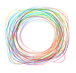 Hand-drawn circle of doodles with empty space for text inside,. black lines cyclic chaotic multi-colored green red purple line on a white background for background, logo design elements