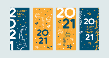 Set of "Happy new year" card flyers. Blue and yellow, with painted Christmas trees and Christmas toys.