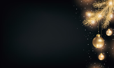 Gold Christmas Ornaments on Black background. Elegant Winter Happy Holidays banner with text space