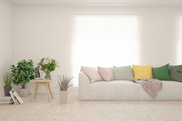 White living room with sofa. Scandinavian interior design. 3D illustration
