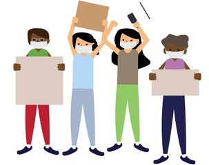 Crowd of diverse people on demonstration vector flat illustration. Angry man and woman protest hold megaphone and placard. Protesting aggressive person at political meeting, parade or rally
