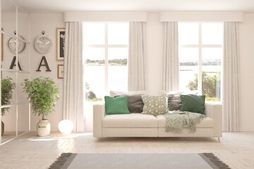 White living room with sofa and summer landscape in window. Scandinavian interior design. 3D illustration