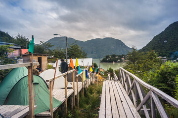 Caleta Tortel / Aysen / Chile - 01/26/ 2018: Tents by the Camping site of Caleta Tortel, Patagonia.