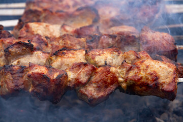 aromatic fresh grilled meat skewered on a grill in the fresh air