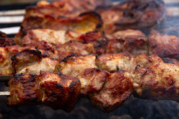 aromatic fresh grilled meat skewered on a grill in the fresh air