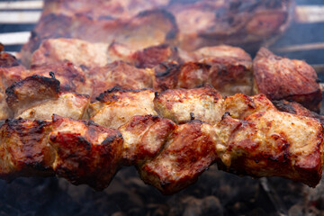 aromatic fresh grilled meat skewered on a grill in the fresh air