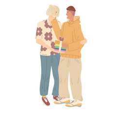 Cute gay lgbt youth couple give present on valentine's day. Homosexual teenagers in casual closing with lgbt symbolic. Skater's look. Blondie homosexual boy. FLat illustration isolated on white.