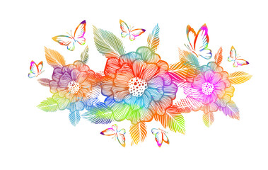 A multi-colored flowering abstraction with butterflies for a postcard. Vector illustration